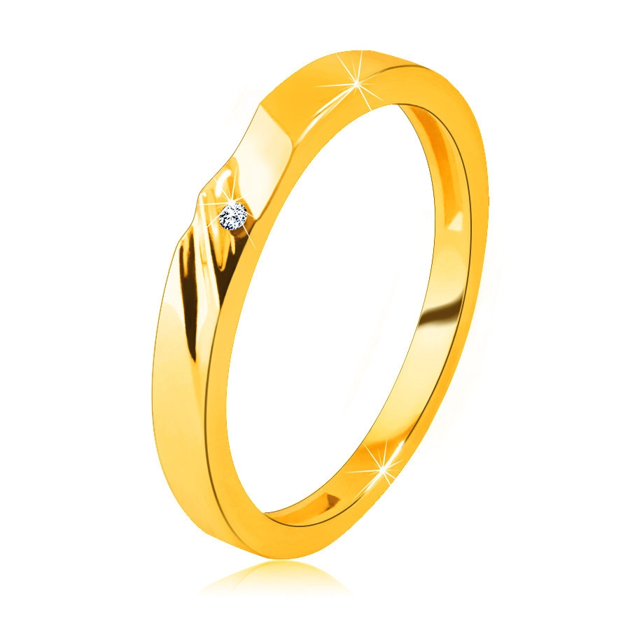 Zlatá obroučka v 9K zlatě - prsten s jemnými zářezy, malý zirkon - Velikost: 51