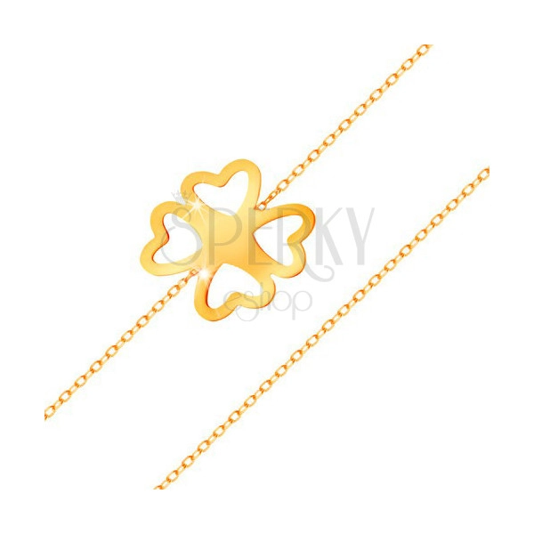 Náramek ze žlutého zlata 585 - čtyřlístek pro štěstí s výřezy, lesklý řetízek, 200 mm