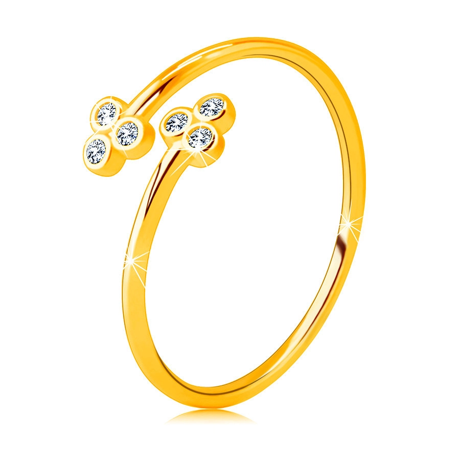 Zlatý 375 prsten s úzkými rameny - dva trojlístky s čirými kulatými zirkony - Velikost: 58