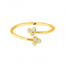 Zlatý 375 prsten s úzkými rameny - dva trojlístky s čirými kulatými zirkony