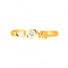 Prsten ze žlutého zlata 375 s otevřenými rameny - nápis "LOVE", kulatý čirý zirkon v srdíčku