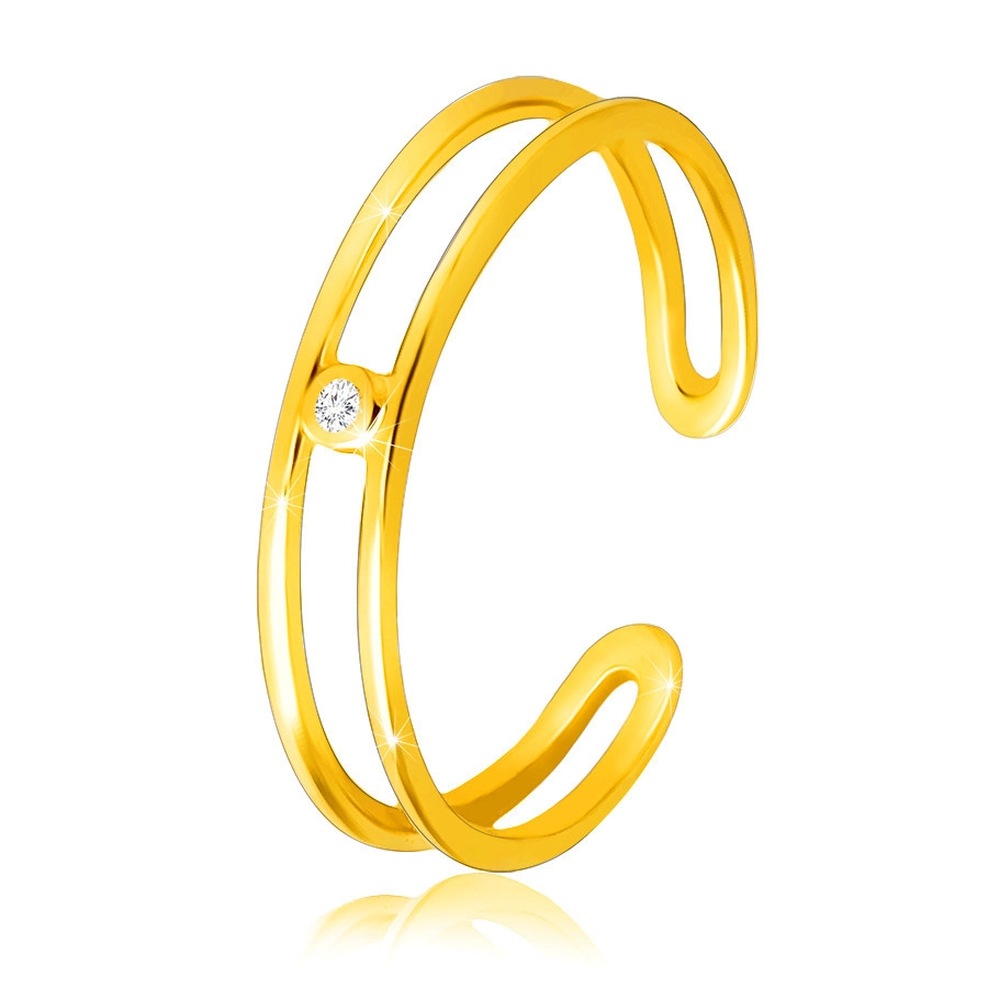 Prsten ze žlutého 9K zlata - tenká otevřená ramena, čirý zirkon - Velikost: 52