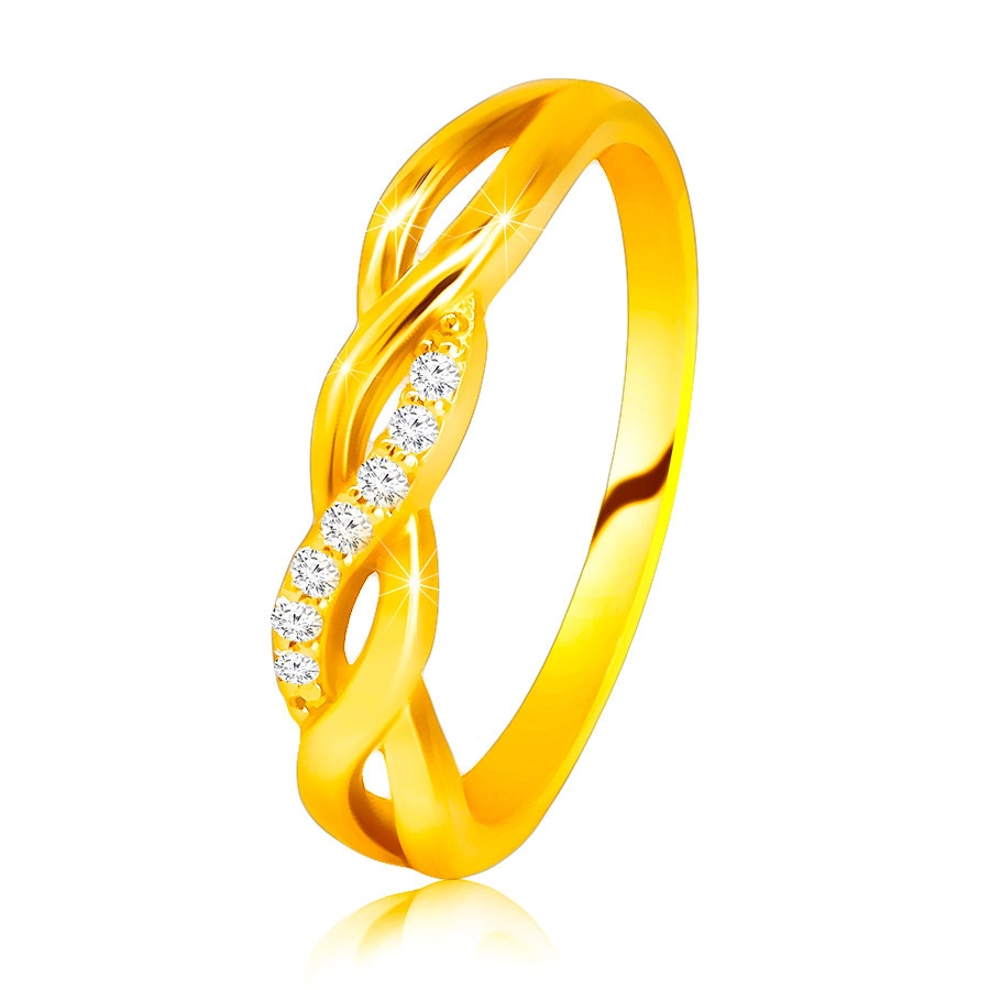 Lesklý prsten ze 14K žlutého zlata - propletené vlnky, zirkonová linie - Velikost: 56