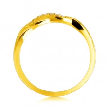 Lesklý prsten ze 14K žlutého zlata - propletené vlnky, zirkonová linie