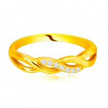 Lesklý prsten ze 14K žlutého zlata - propletené vlnky, zirkonová linie