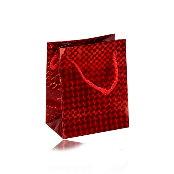 Levně Papírová dárková taštička holografická - červená barva, hladký lesklý povrch