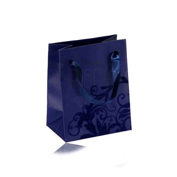Malá papírová taštička na dárek, matný povrch v modrém odstínu, sametový ornament