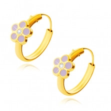 Zlaté náušničky - 14K zlato kruhy, fialový květ s kulatým čirým zirkonem, 12 mm