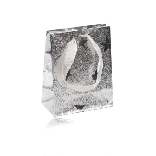 Levně Dárková taštička stříbrné barvy - s vyobrazením hvězd, ryhovaný povrch, stužky