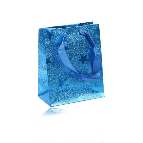 Levně Dárková taštička modré barvy - s vyobrazením hvězd, rýhovaný povrch, stužky