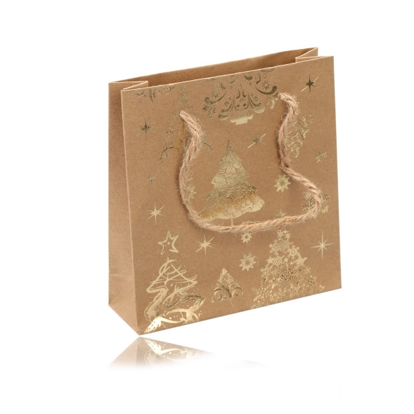 Levně Dárková taška z papíru - hnědozlaté barvy, vánoční motiv, šňůrky