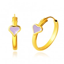 Zlaté náušnice 14k - kroužky, glazurované světle fialové srdce, lesklý obrys, 14 mm