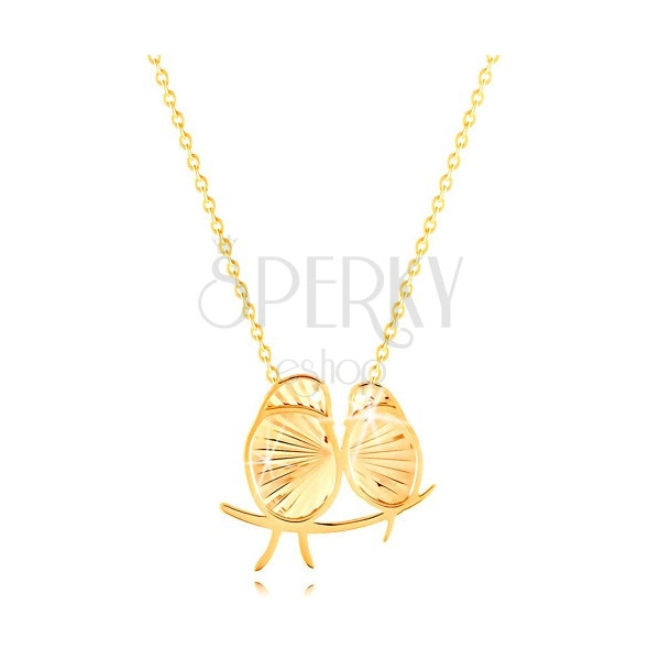 Zlatý 14K náhrdelník - dva sedící ptáčci, tenký řetízek
