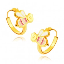 Zlaté náušnice 585 – malé kroužky, včeličky růžové barvy s bílými křídly, 12 mm