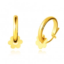 14K zlaté náušnice – kroužky, posuvný zrcadlově lesklý kvítek, 12 mm