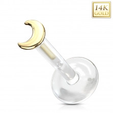 Piercing ze žlutého 14K zlata do ucha, labret - průhledný Bioflex, půlměsíc