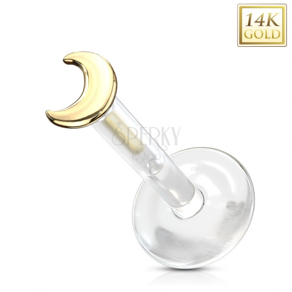 Piercing ze žlutého 14K zlata do ucha, labret - průhledný Bioflex, půlměsíc