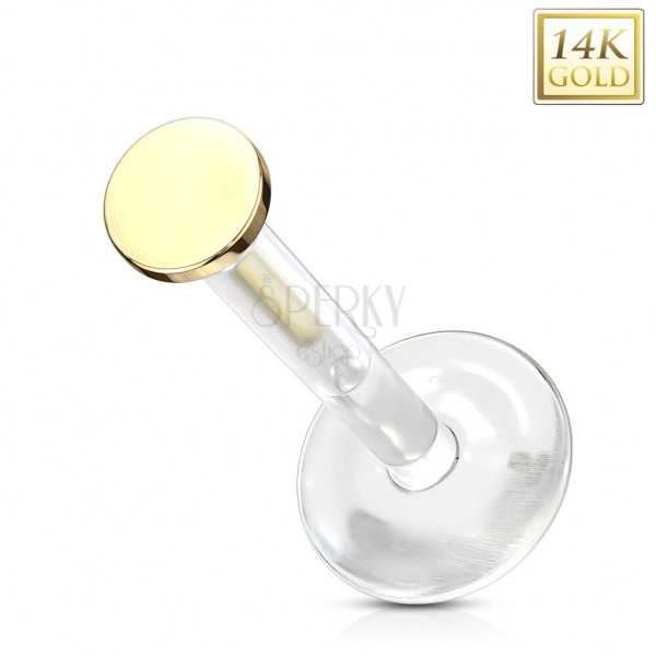 Piercing ze žlutého 14K zlata do ucha, chrupavky, rtu - průhledný Bioflex, hladký kroužek, 2 mm