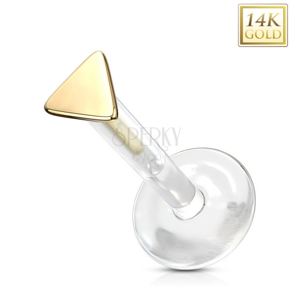 Piercing ze žlutého 14K zlata do nosu, ucha, rtu - drobný rovnostranný trojúhelník, průsvitný Bioflex