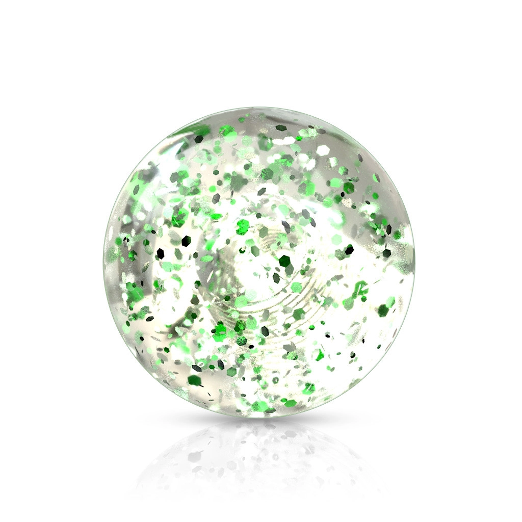 Levně Plastová průhledná kulička na piercing se zelenými flitry, 5 mm, sada 10 ks