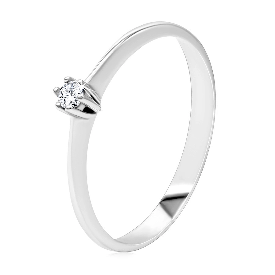 Briliantový prsten z bílého 585 zlata - tenká hladká ramena, čirý diamant v kotlíku - Velikost: 58