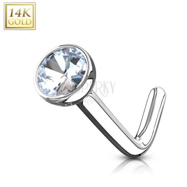 Zahnutý piercing z bílého 585 zlata - čirý zirkon, kulatá objímka, 0,8 mm 