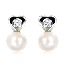 Diamantové náušnice z bílého 9K zlata - drobné srdce, čirý briliant, hladká perla 