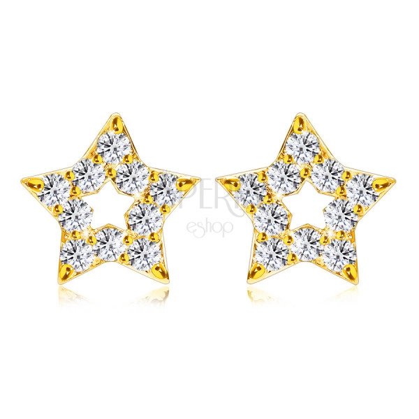 Briliantové náušnice z 375 žlutého zlata - obrys hvězdičky, kulaté diamanty, puzetky 