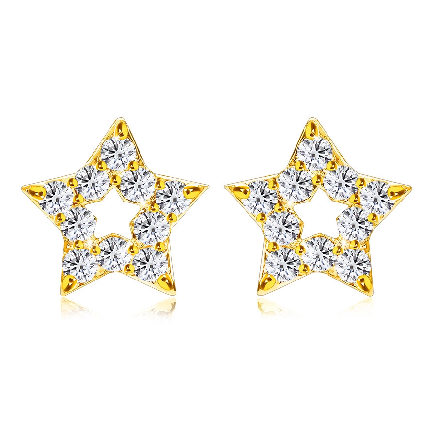 Levně Briliantové náušnice z 375 žlutého zlata - obrys hvězdičky, kulaté diamanty, puzetky