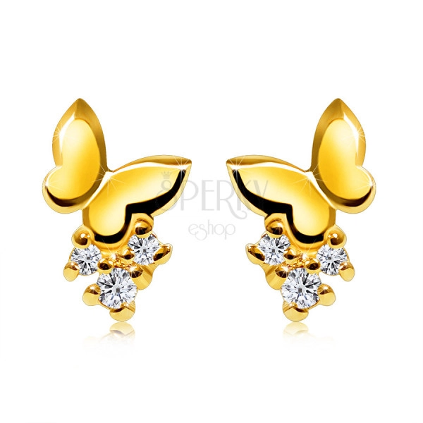 Briliantové náušnice z 9K žlutého zlata - malý motýl, kulaté čiré diamanty, puzetky 