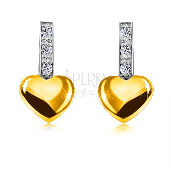Diamantové náušnice z 9K kombinovaného zlata - proužek s brilianty, hladké srdce, puzetky