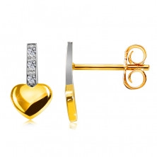 Diamantové náušnice z 9K kombinovaného zlata - proužek s brilianty, hladké srdce, puzetky