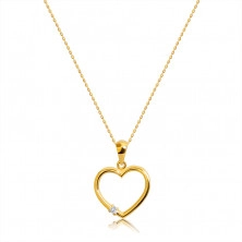 Briliantový náhrdelník ze 14K žlutého zlata - kontura srdce, kulatý diamant, tenký řetízek 