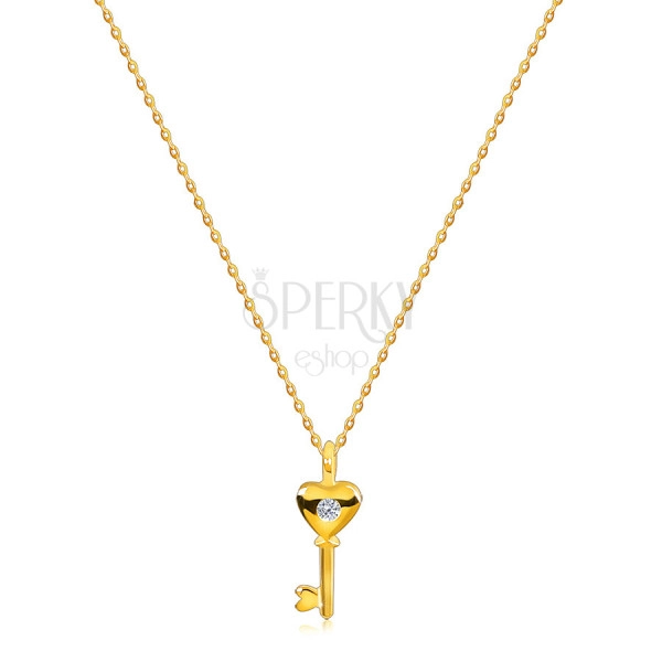 Diamantový náhrdelník ze žlutého 585 zlata - srdíčkový klíček, kulatý briliant, tenký řetízek