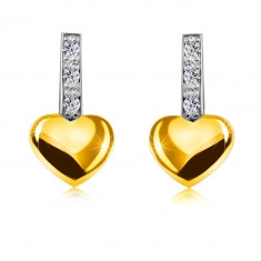 Briliantové náušnice ze 14K kombinovaného zlata - proužek s diamanty, hladké srdce, puzetky