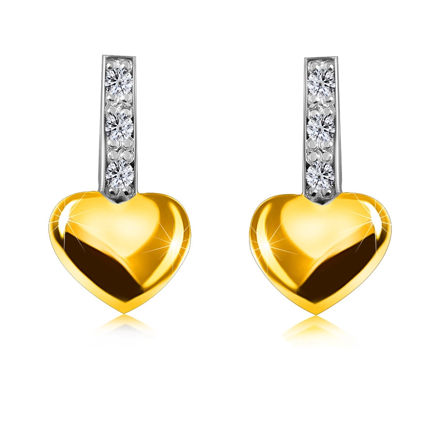 Levně Briliantové náušnice ze 14K kombinovaného zlata - proužek s diamanty, hladké srdce, puzetky