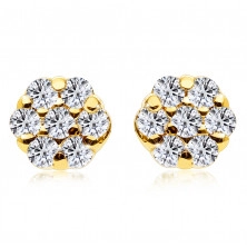 Diamantové náušnice ze 14K žlutého zlata - malý květ, kulaté čiré diamanty, puzetky