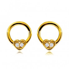 Diamantové náušnice ze žlutého 585 zlata - kontura kroužku s malým srdcem, kulaté brilianty