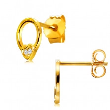 Diamantové náušnice ze žlutého 585 zlata - kontura kroužku s malým srdcem, kulaté brilianty