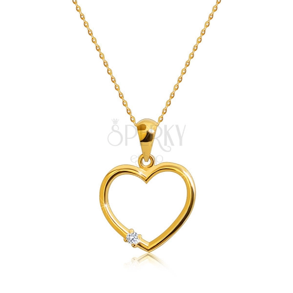Briliantový náhrdelník z 375 zlata - kontura srdce s diamantem, jemný řetízek