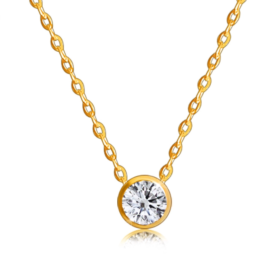 Levně Briliantový náhrdelník z 9K zlata - kulatý diamant v lesklé objímce, tenký řetízek