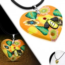 Fimo náhrdelník - oranžové srdce s květy a včelkou