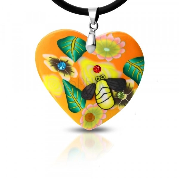 Fimo náhrdelník - oranžové srdce s květy a včelkou