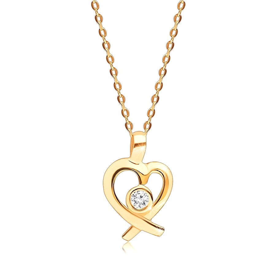 Diamantový náhrdelník z 375 žlutého zlata - kulatý briliant v obrysu srdce, tenký řetízek