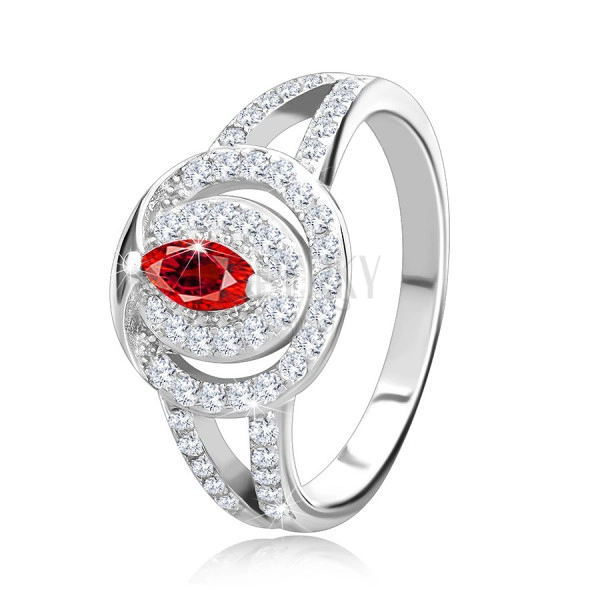 Stříbrný prsten 925, mohutná ozdoba - čirá zirkonová obruč s červeným zirkonovým zrnkem, zdvojená ramena