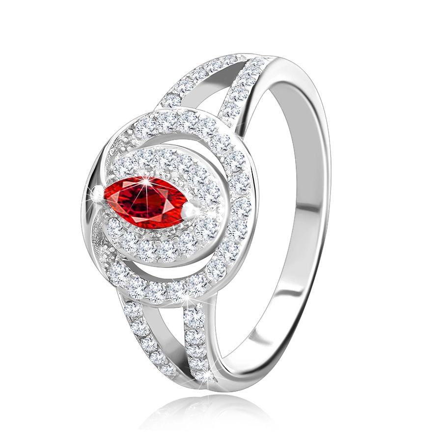 Stříbrný prsten 925, mohutná ozdoba - čirá zirkonová obruč s červeným zirkonovým zrnkem, zdvojená ramena - Velikost: 54