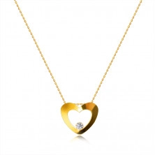 Briliantový náhrdelník ze žlutého 14K zlata - silueta srdce s výřezem, kulatý diamant ve spodní části