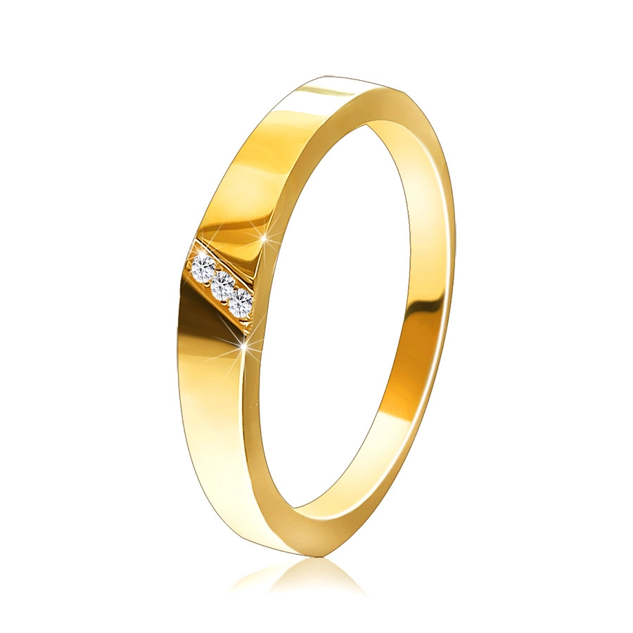 Zlatý prsten ve 14K zlatě - diagonální zářez s osazenými zirkony - Velikost: 54