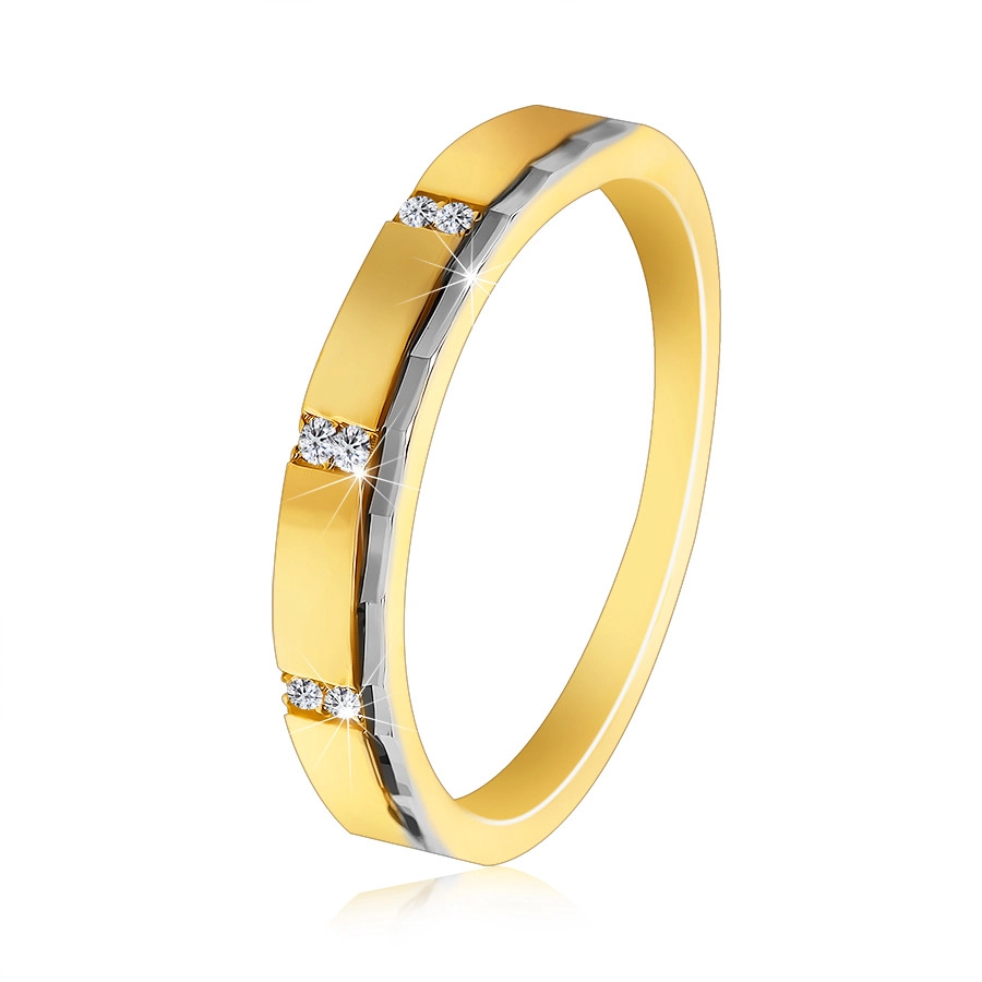 Prsten v kombinovaném 585 zlatě - svislé zářezy s osazenými zirkony, vybroušený horní lem - Velikost: 52