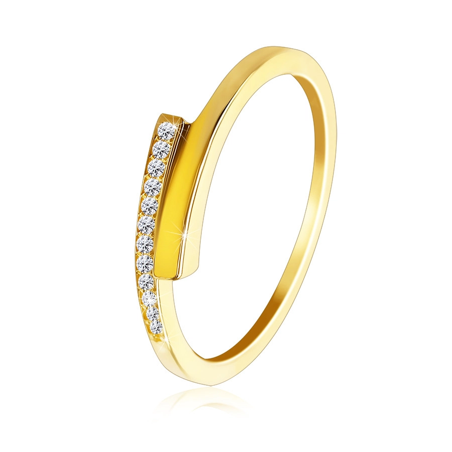 Prsten ze žlutého 585 zlata - rozdvojená tenká lesklá ramena, linie zirkonů - Velikost: 58